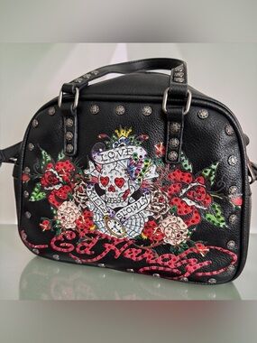 Ed Hardy Black Satchel Bag with Skull Heart Applique and Detachable Strap